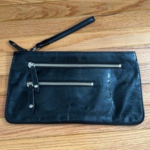 Hobo black leather double zipper clutch purse